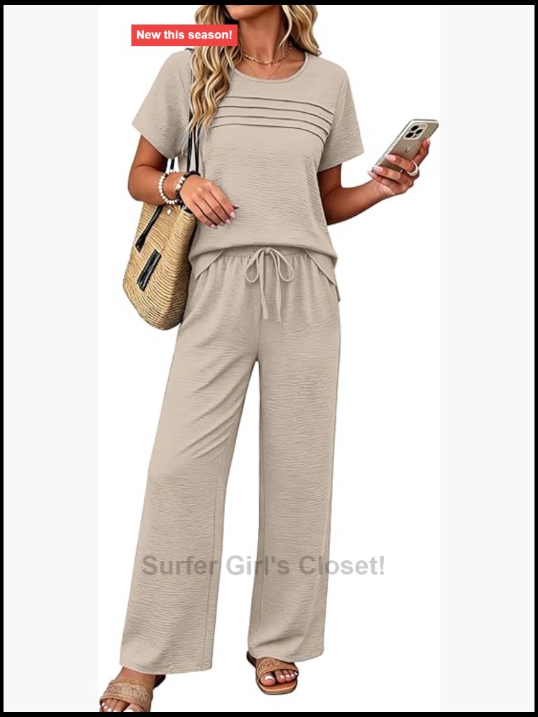 Linen Look 2 Piece Loungewear Set Pleated Top Wide Leg Pants With Pockets